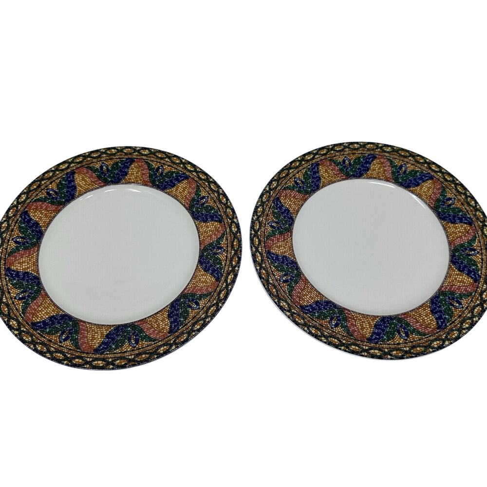 Two Mikasa Ultima + Sao Paulo 8.5" Salad Plates Mosaic Tiled Stained Glass